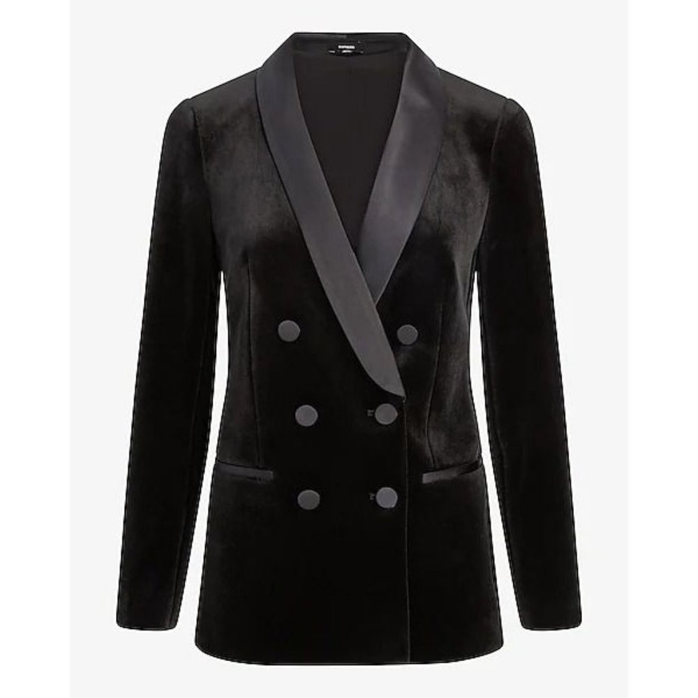 NEW Sz XS X-Small Express Double Breasted Blazer in Black Velvet Tux Satin Fancy - Picture 7 of 10